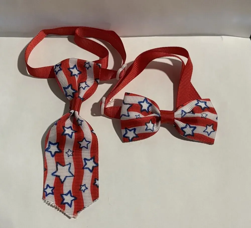 Bow Tie Necktie Set  250th July 4th USA Flag   Stripes Blue Stars  Dog Cat  7